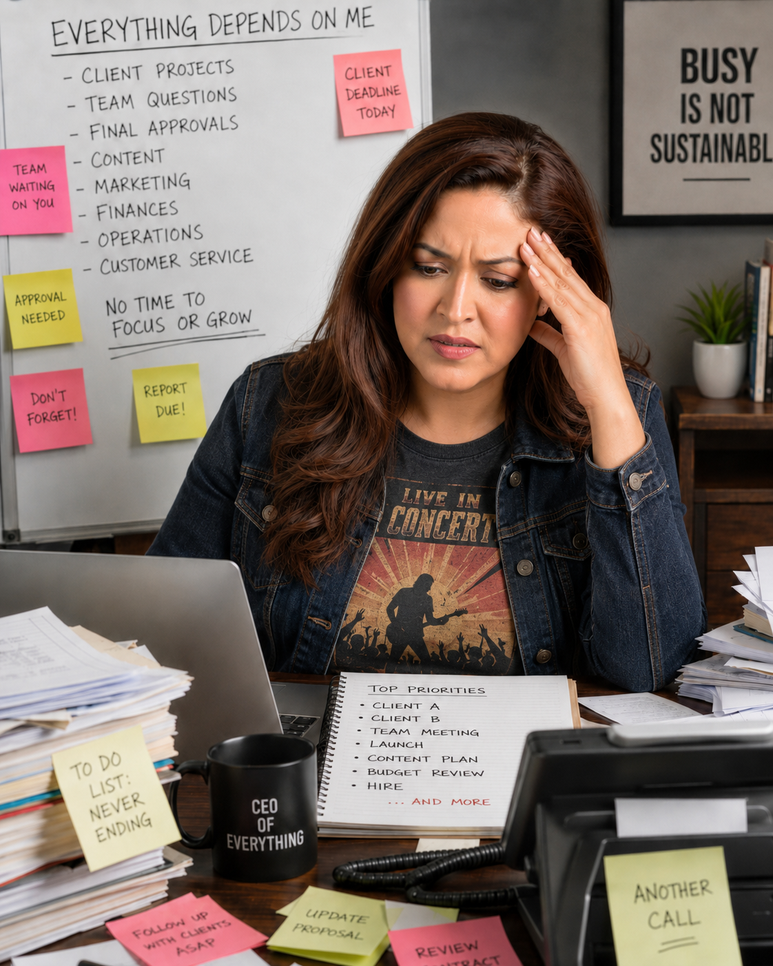 Overwhelmed business owner at a desk buried in tasks, with a whiteboard reading everything depends on me and a sign reading busy is not sustainable